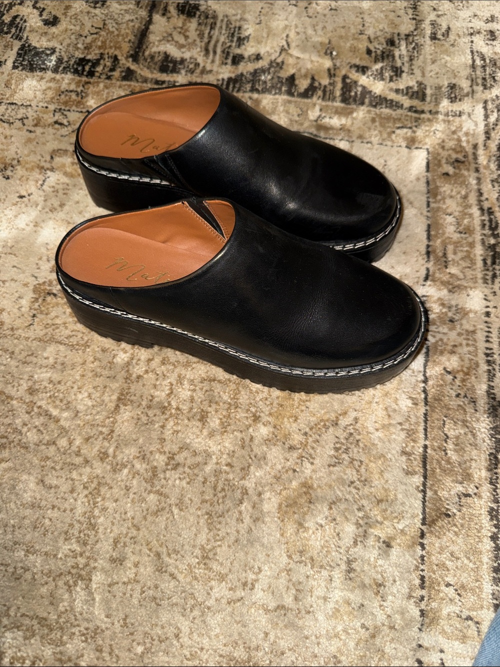 Matisse Black Leather Platform Clogs with Tan Insole